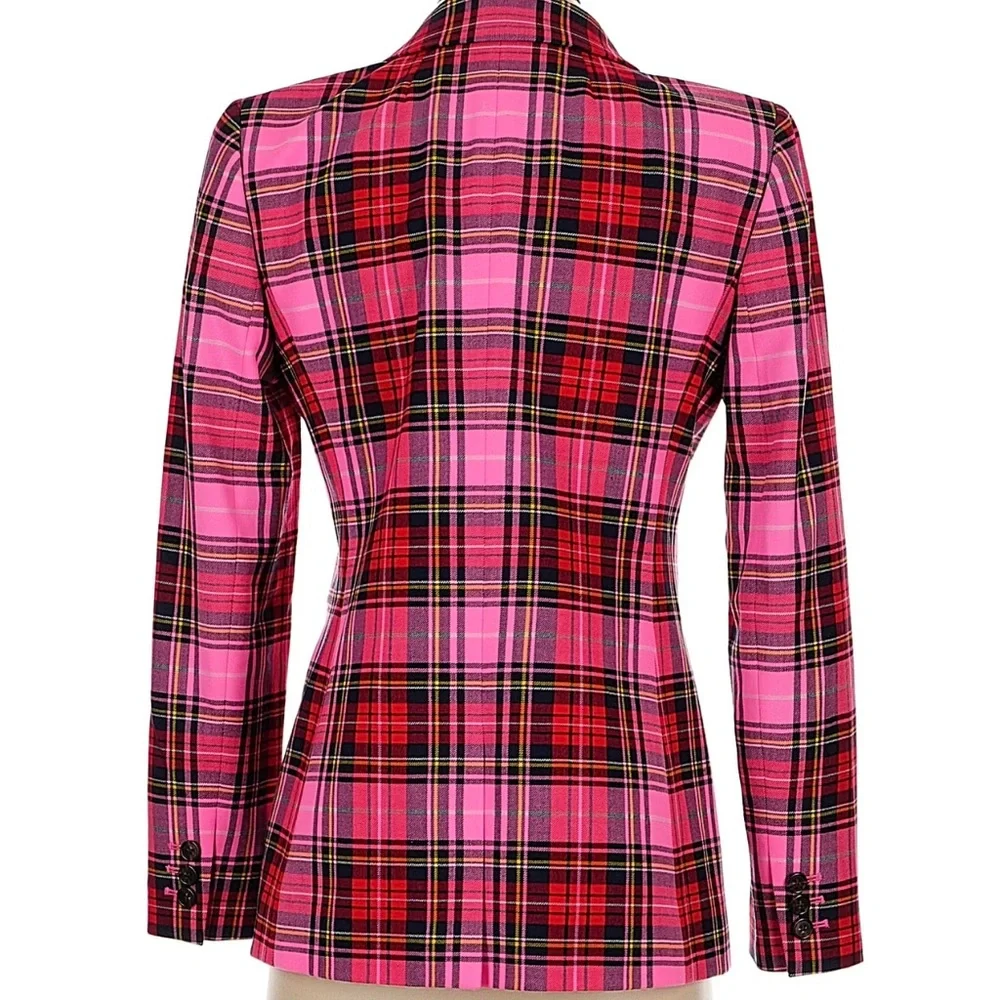 J.Crew Parke Blazer in Cherry Red Bubblegum Neon Pink Stewart Tartan Wool 4 EUC - Picture 6 of 7